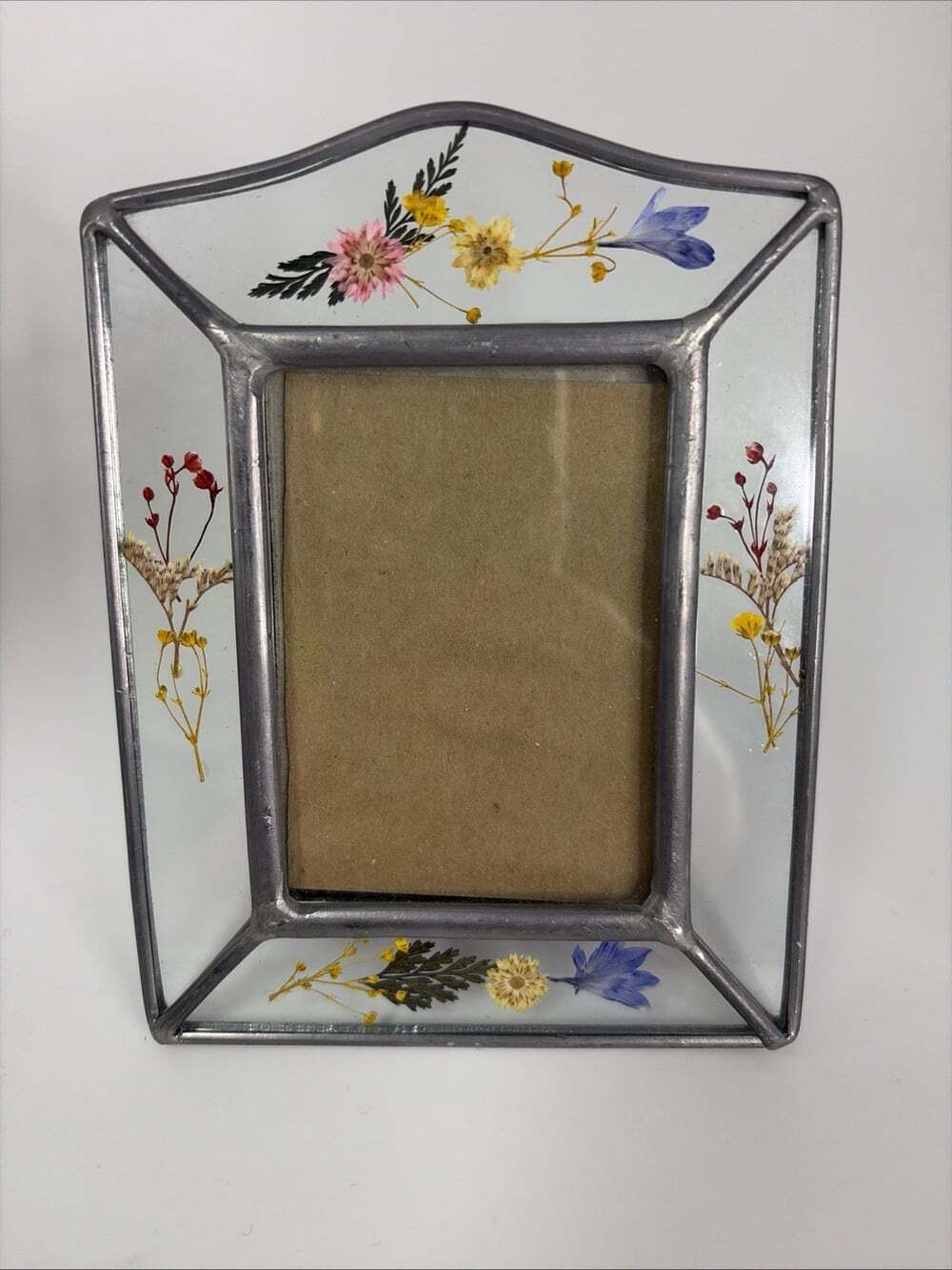 Vtg Pressed Flower Glass Picture Frame 2x3 Solder, Botanical